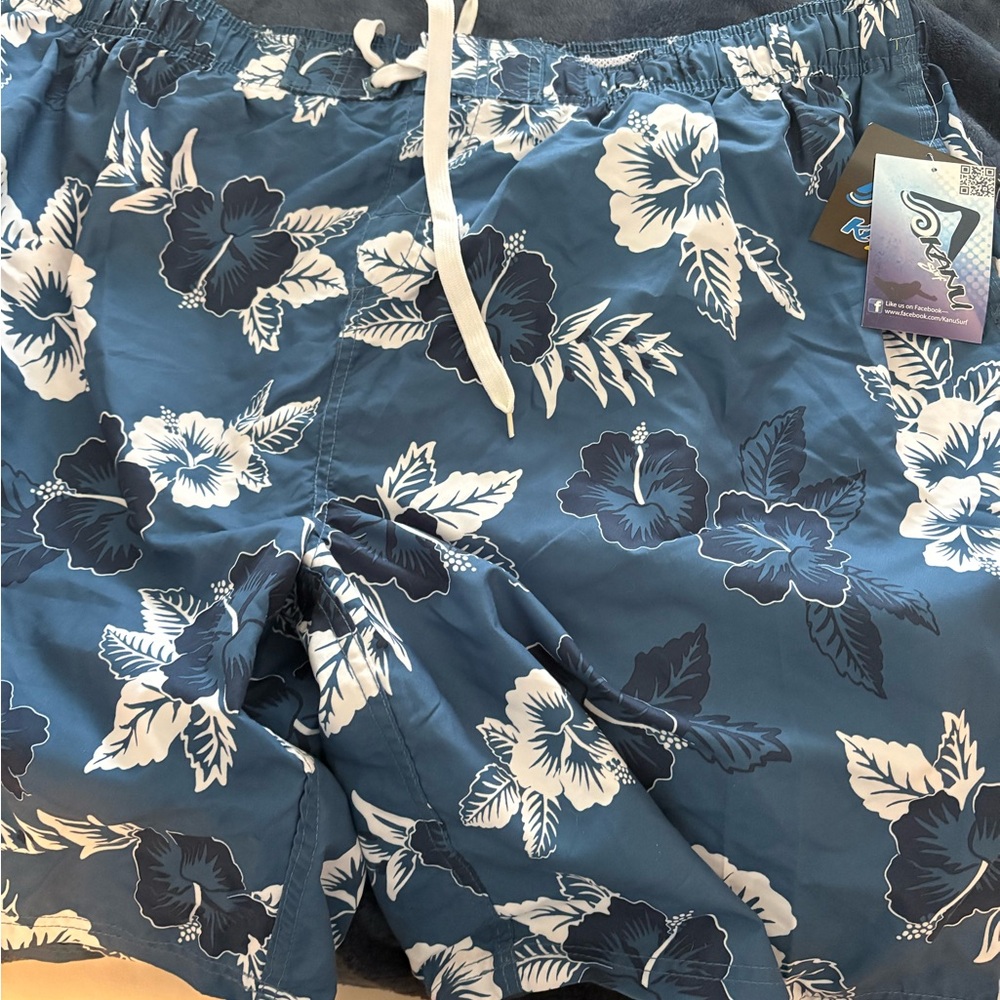 Sky Navy Swim Shorts with Floral Design